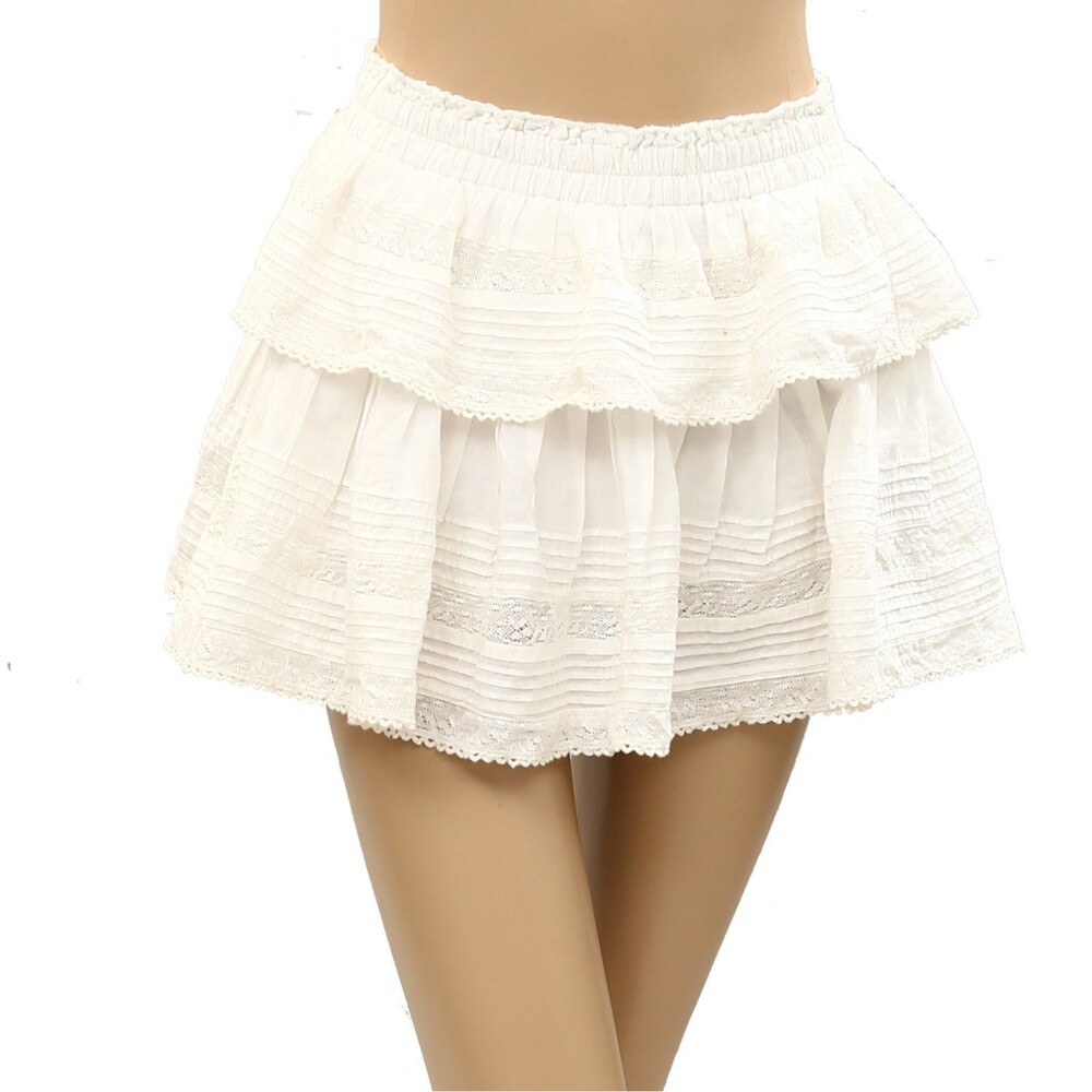 Loveshackfancy Ruffle Lace Mini Skirt Cotton Tiered Smocked Ivory XS 287833
